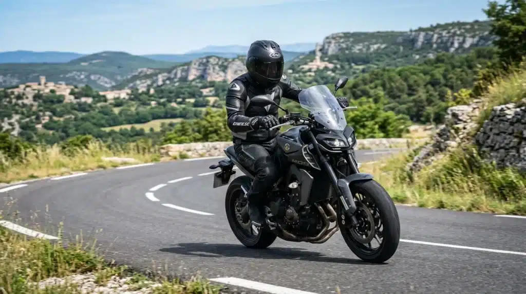 Motard en formation passerelle A2 vers A sur une moto de catégorie A sur route française