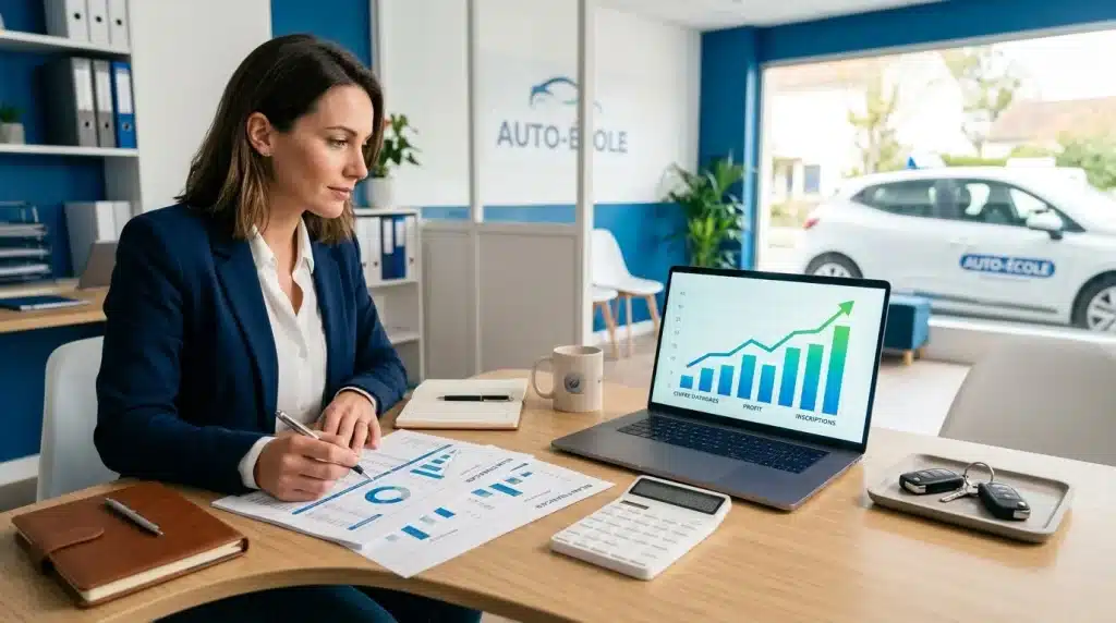 Bureau d'auto-école avec documents financiers, calculatrice et graphique de rentabilité