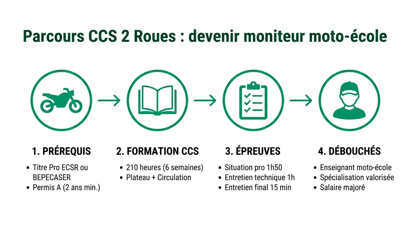 Infographie parcours CCS 2 Roues : prérequis, formation 210 heures, épreuves et débouchés moniteur moto-école