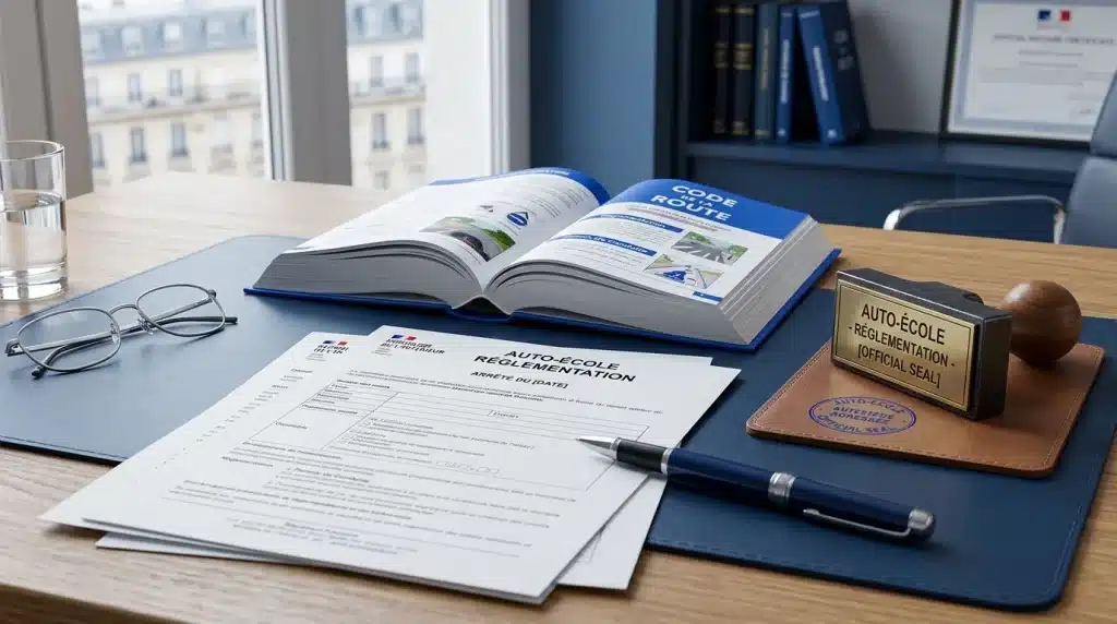 Documents juridiques et code de la route sur un bureau, symbolisant la réglementation des auto-écoles en France