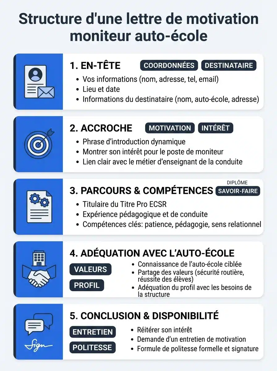 Structure type d'une lettre de motivation moniteur auto-école en 5 étapes : en-tête, accroche, parcours et compétences, adéquation avec l'auto-école, conclusion