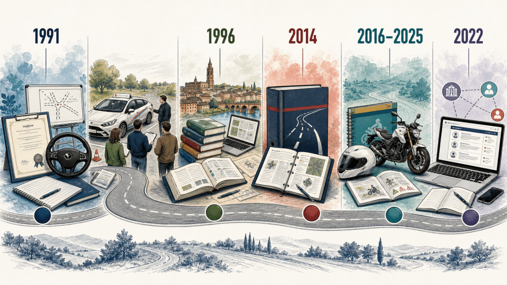 Frise illustrée du parcours professionnel de Denis Dugué depuis 1991