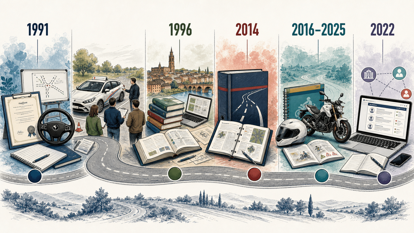 Frise illustrée du parcours professionnel de Denis Dugué depuis 1991