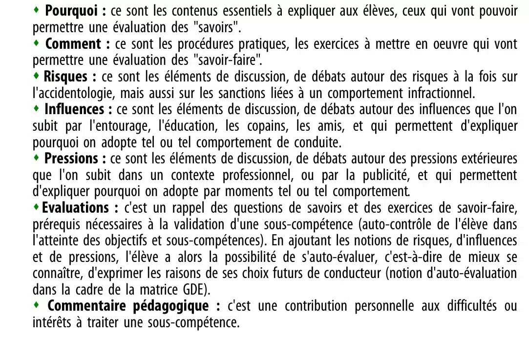 Les 7 rubriques d'une sous-compétence dans le GECASER B : Pourquoi, Comment, Risques, Influences, Pressions, Évaluations, Commentaire pédagogique
