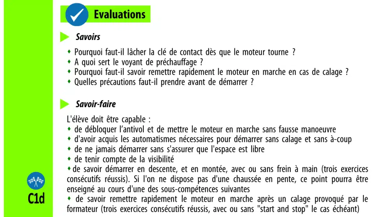 Rubrique Évaluations de la sous-compétence C1d Démarrer et s'arrêter : questions de savoirs et critères de savoir-faire