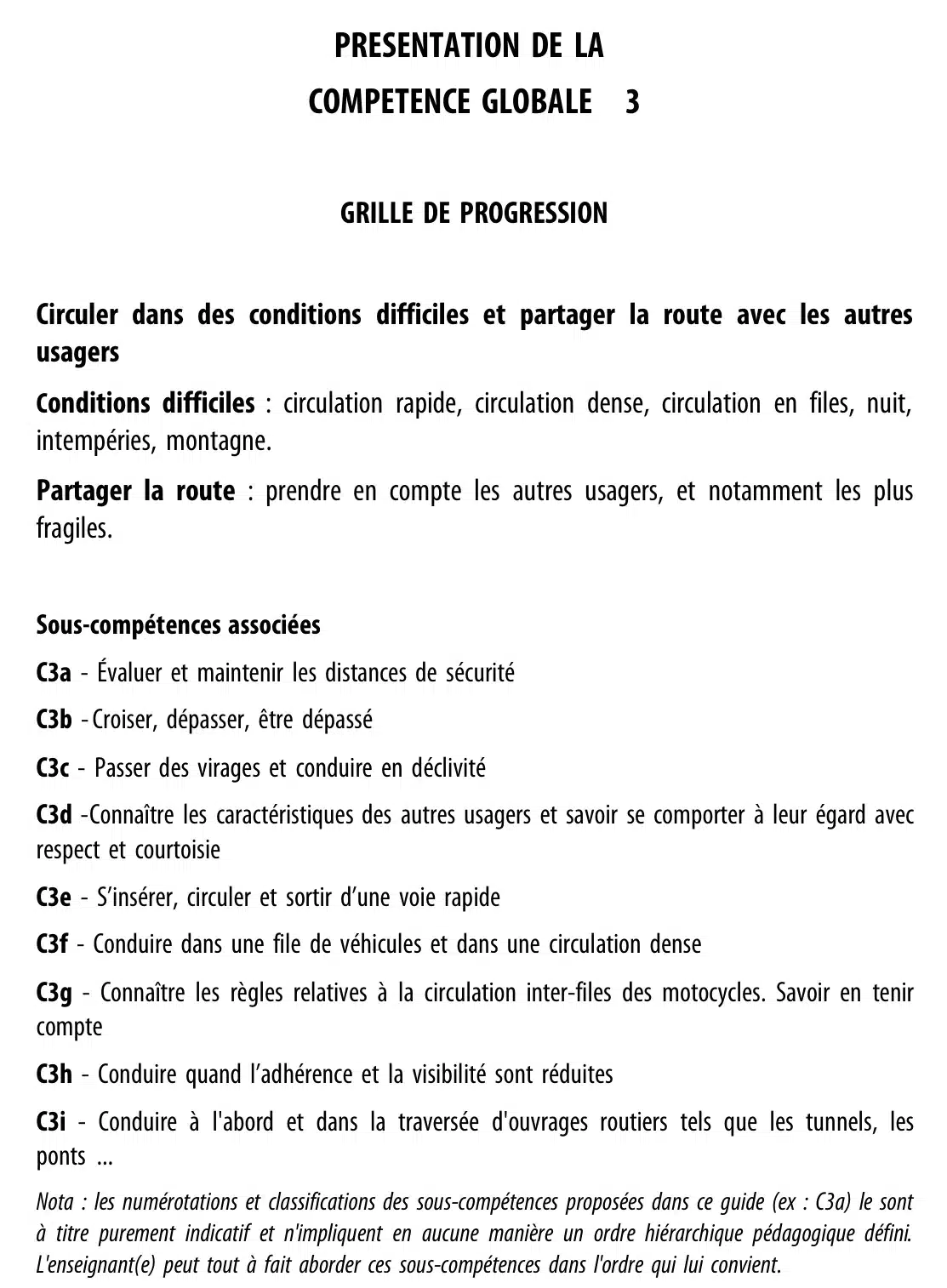Grille de progression de la compétence 3 du permis B : circuler dans des conditions difficiles et partager la route, avec les 9 sous-compétences C3a à C3i